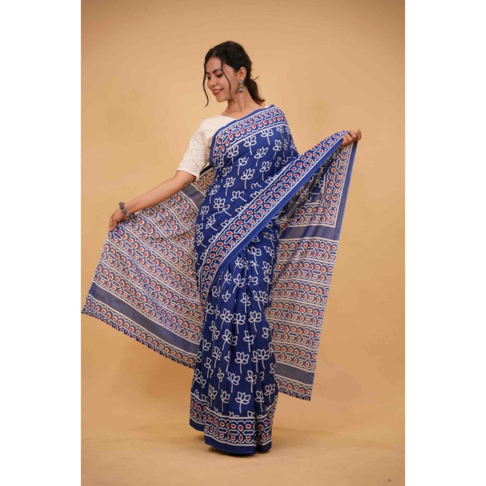 Isadora Life Womens Hand Block Printed Blue Pre-Draped Saree with Unstitched Blouse