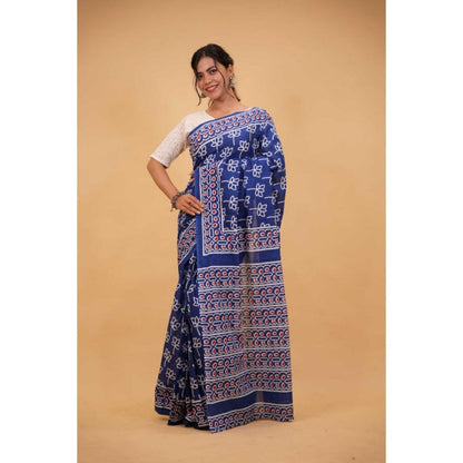 Isadora Life Womens Hand Block Printed Blue Pre-Draped Saree with Unstitched Blouse