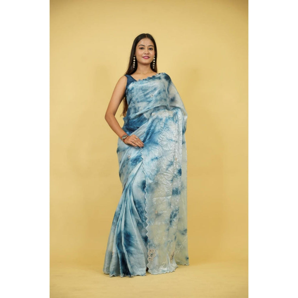Isadora Life Womens Tie & Dye Embroidered Multi-Color Pre-Draped Saree With Unstitched Blouse