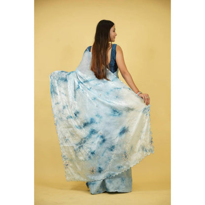 Isadora Life Womens Tie & Dye Embroidered Multi-Color Pre-Draped Saree With Unstitched Blouse