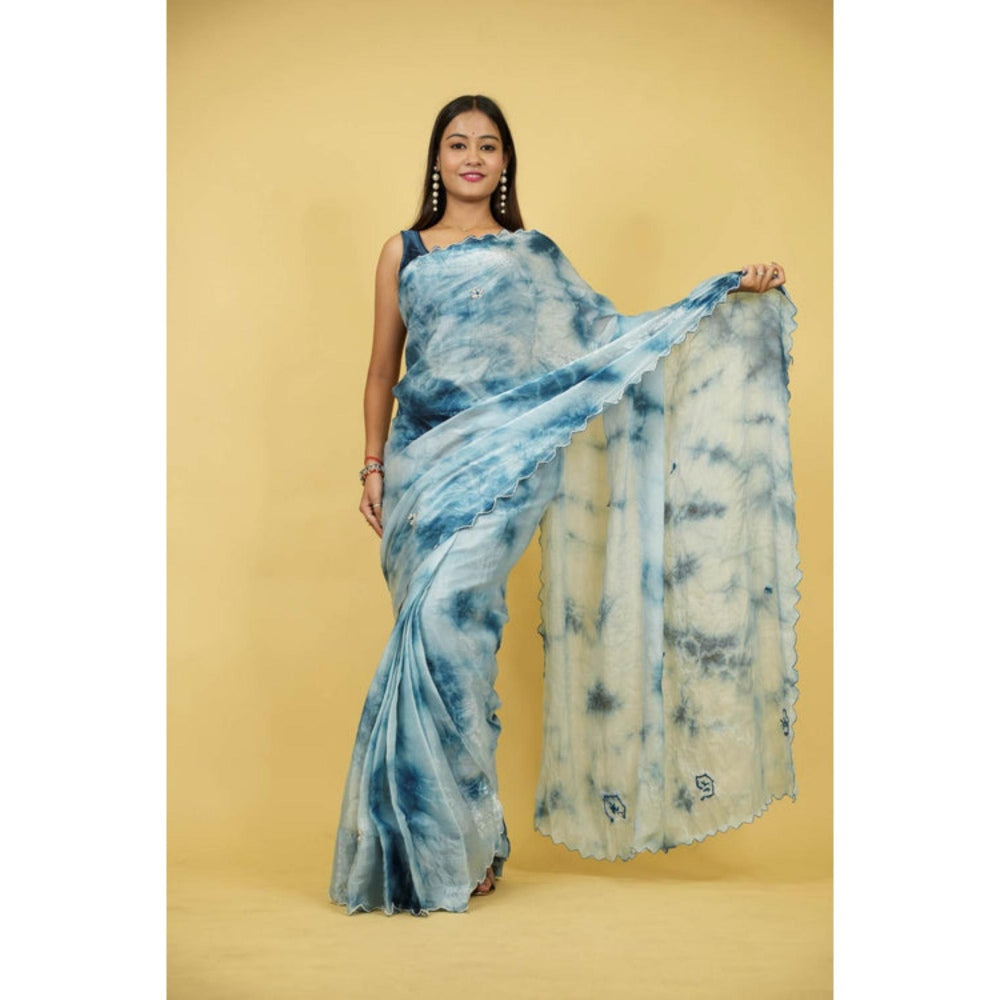 Isadora Life Womens Tie & Dye Embroidered Multi-Color Pre-Draped Saree With Unstitched Blouse