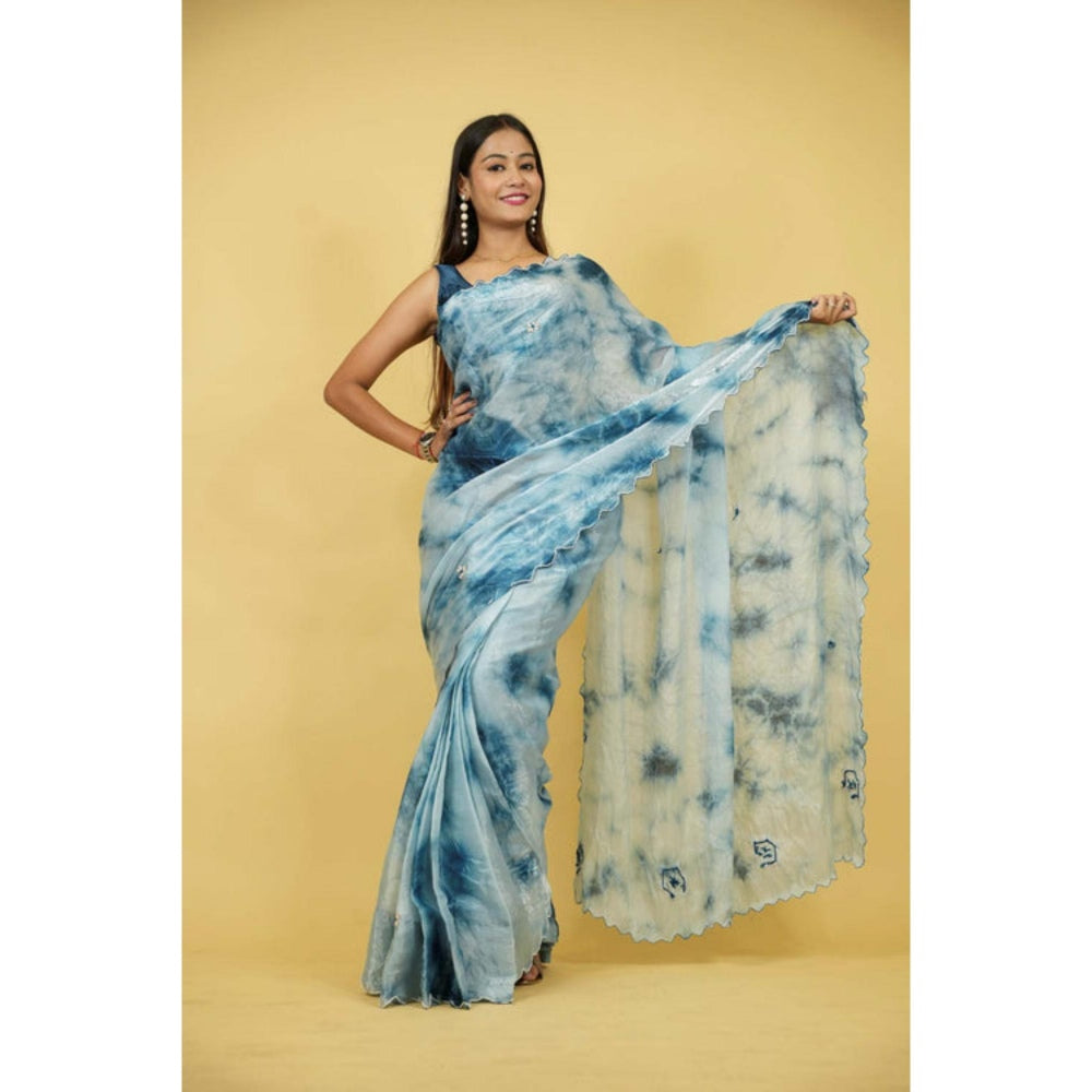 Isadora Life Womens Tie & Dye Embroidered Multi-Color Pre-Draped Saree With Unstitched Blouse