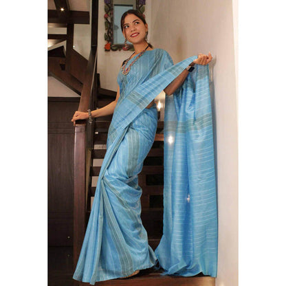 Isadora Life Womens Stripes Tassels Blue Pre-Draped Saree With Unstitched Blouse