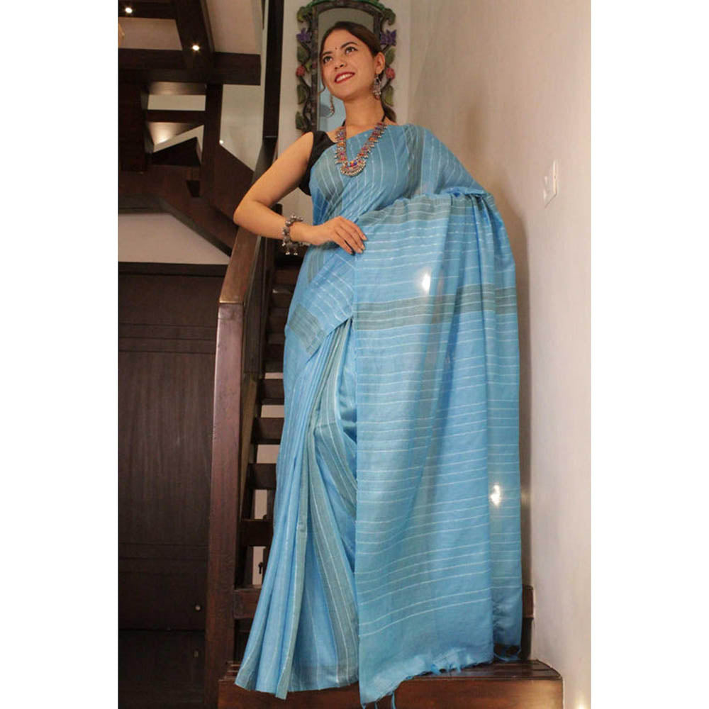 Isadora Life Womens Stripes Tassels Blue Pre-Draped Saree With Unstitched Blouse