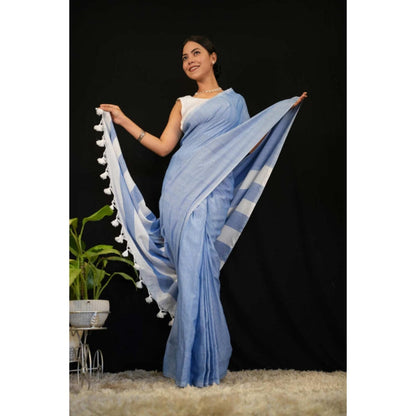 Isadora Life Womens Stripes Tassels Blue Pre-Draped Saree With Unstitched Blouse