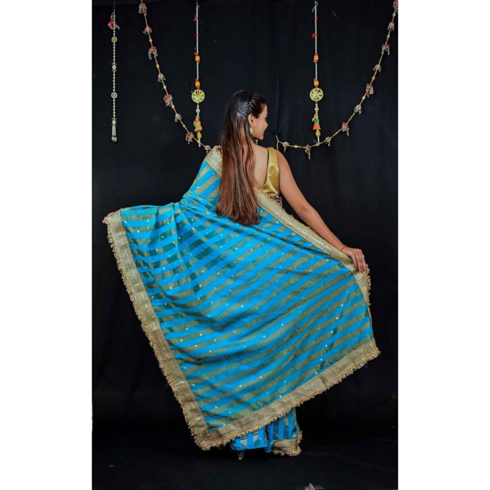 Isadora Life Womens Stripes Embroidered Blue Pre-Draped Saree With Unstitched Blouse