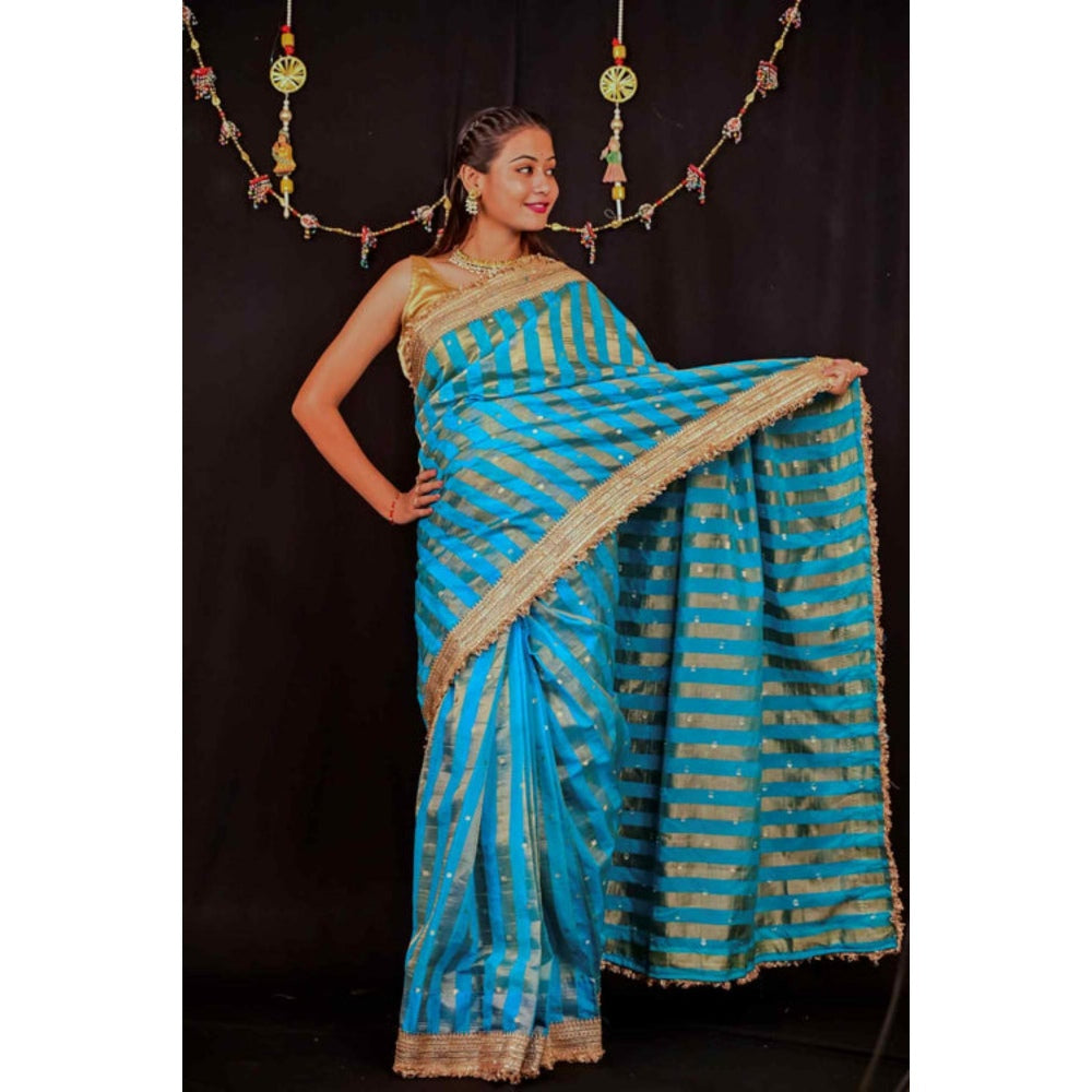 Isadora Life Womens Stripes Embroidered Blue Pre-Draped Saree With Unstitched Blouse