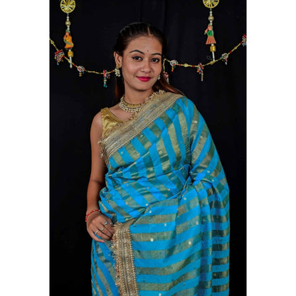 Isadora Life Womens Stripes Embroidered Blue Pre-Draped Saree With Unstitched Blouse