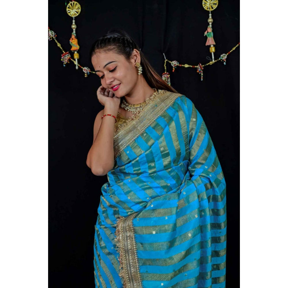 Isadora Life Womens Stripes Embroidered Blue Pre-Draped Saree With Unstitched Blouse