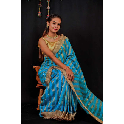 Isadora Life Womens Stripes Embroidered Blue Pre-Draped Saree With Unstitched Blouse