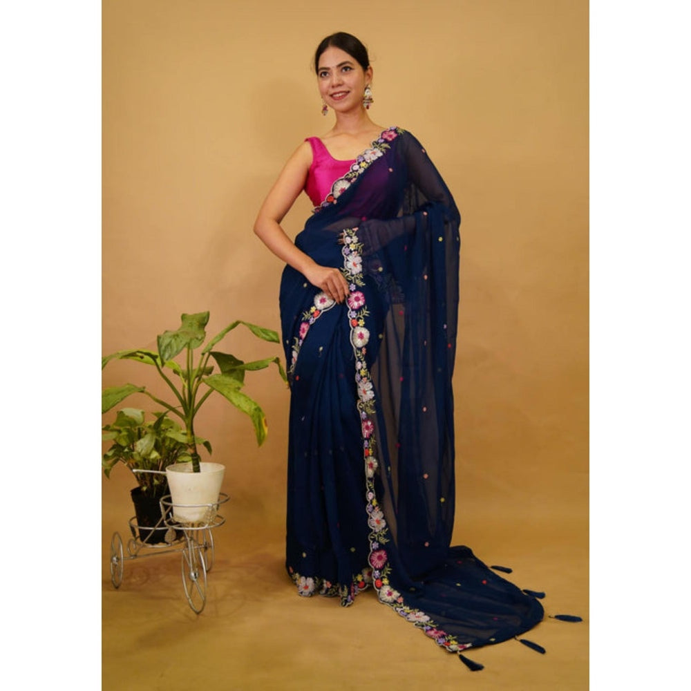 Isadora Life Womens Embroidered Tassels Navy Blue Pre-Draped Saree With Unstitched Blouse