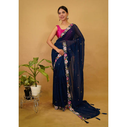 Isadora Life Womens Embroidered Tassels Navy Blue Pre-Draped Saree With Unstitched Blouse