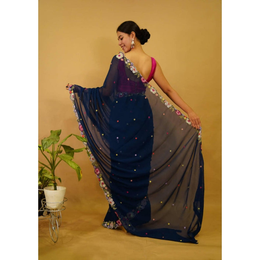 Isadora Life Womens Embroidered Tassels Navy Blue Pre-Draped Saree With Unstitched Blouse