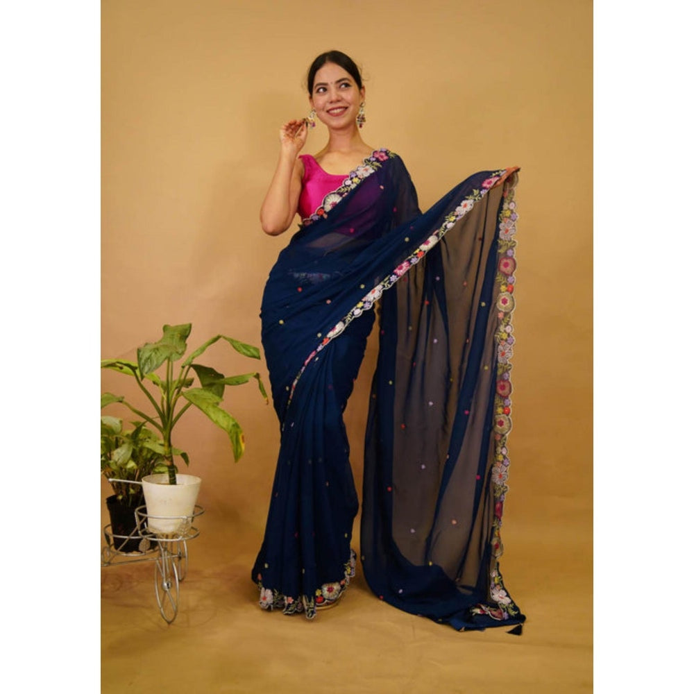 Isadora Life Womens Embroidered Tassels Navy Blue Pre-Draped Saree With Unstitched Blouse