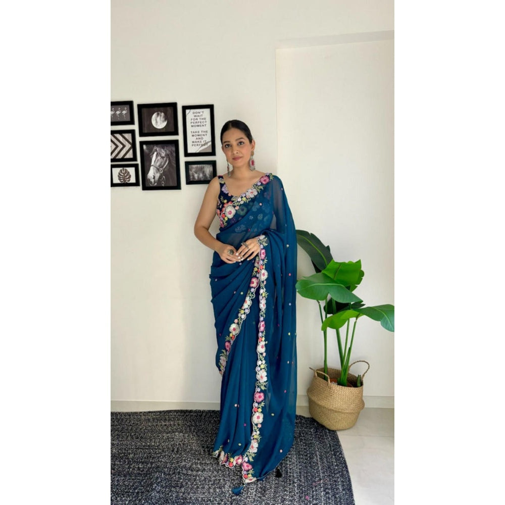 Isadora Life Womens Embroidered Tassels Navy Blue Pre-Draped Saree With Unstitched Blouse