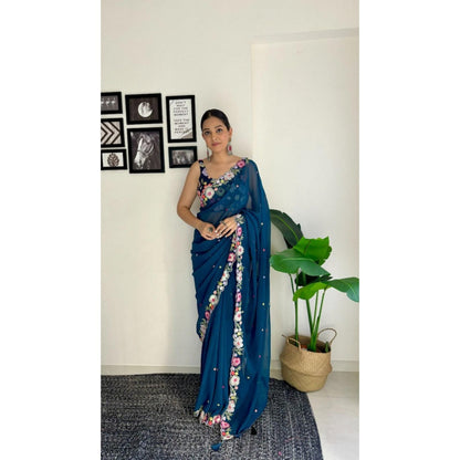Isadora Life Womens Embroidered Tassels Navy Blue Pre-Draped Saree With Unstitched Blouse
