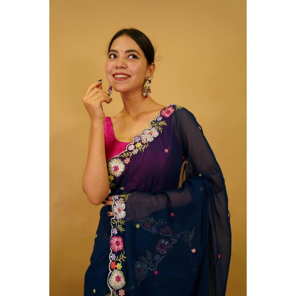 Isadora Life Womens Embroidered Tassels Navy Blue Pre-Draped Saree With Unstitched Blouse