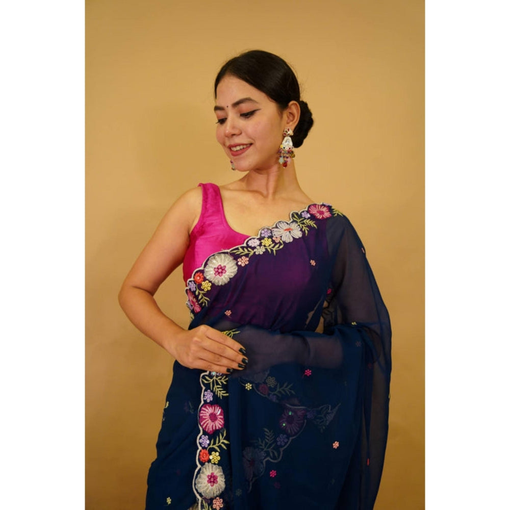 Isadora Life Womens Embroidered Tassels Navy Blue Pre-Draped Saree With Unstitched Blouse
