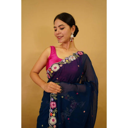 Isadora Life Womens Embroidered Tassels Navy Blue Pre-Draped Saree With Unstitched Blouse