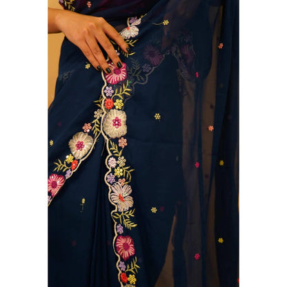 Isadora Life Womens Embroidered Tassels Navy Blue Pre-Draped Saree With Unstitched Blouse