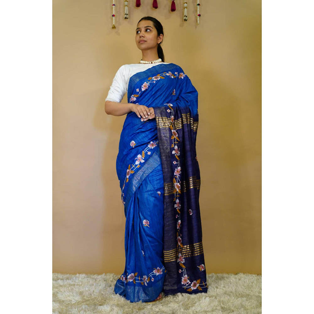 Isadora Life Womens Floral Embroidered Blue Pre-Draped Saree With Unstitched Blouse