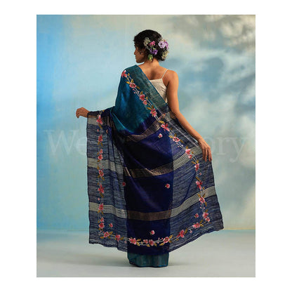 Isadora Life Womens Floral Embroidered Blue Pre-Draped Saree With Unstitched Blouse