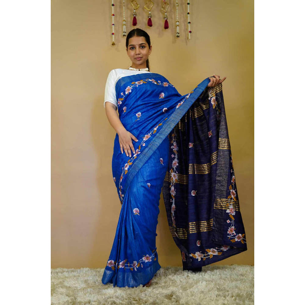 Isadora Life Womens Floral Embroidered Blue Pre-Draped Saree With Unstitched Blouse