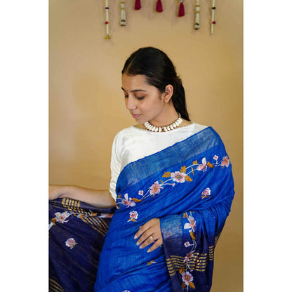 Isadora Life Womens Floral Embroidered Blue Pre-Draped Saree With Unstitched Blouse