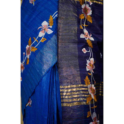 Isadora Life Womens Floral Embroidered Blue Pre-Draped Saree With Unstitched Blouse