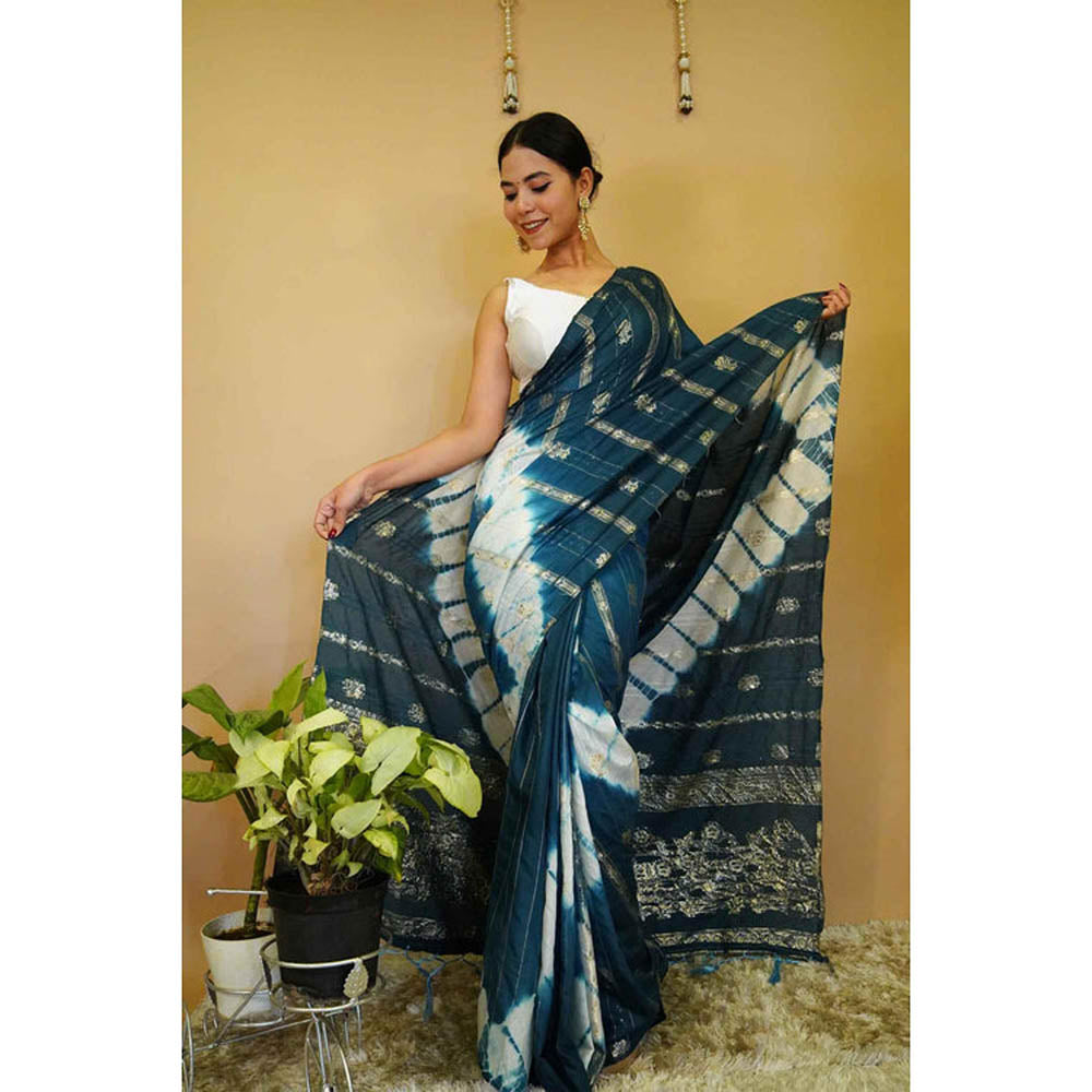 Isadora Life Womens Tie & Dye Zari Teal Pre-Draped Saree With Unstitched Blouse