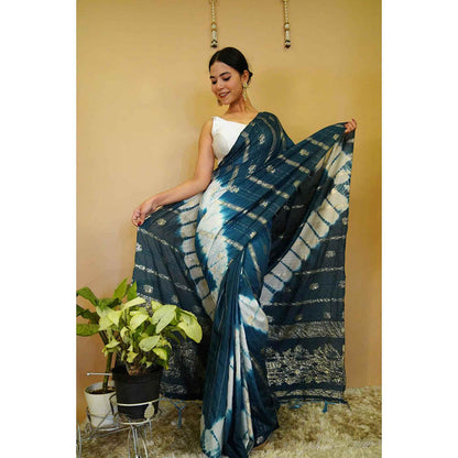 Isadora Life Womens Tie & Dye Zari Teal Pre-Draped Saree With Unstitched Blouse