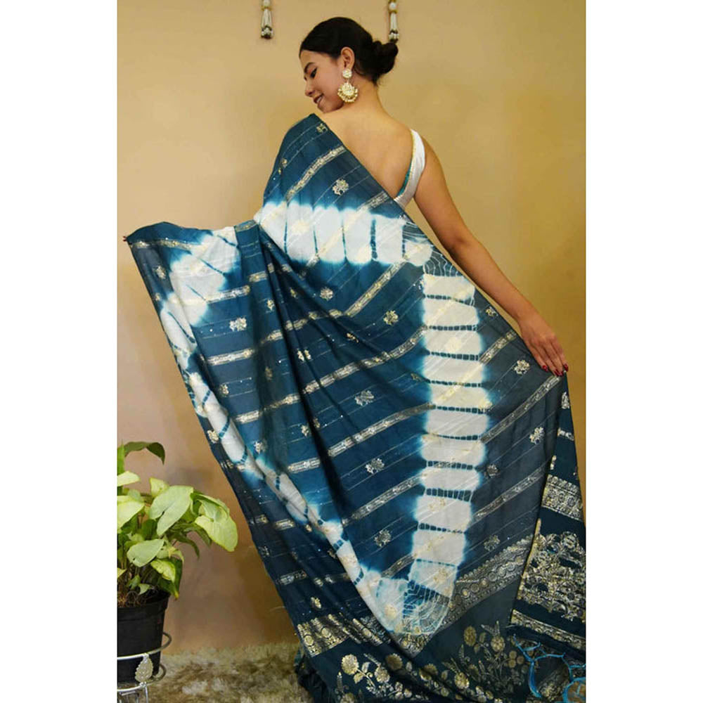Isadora Life Womens Tie & Dye Zari Teal Pre-Draped Saree With Unstitched Blouse