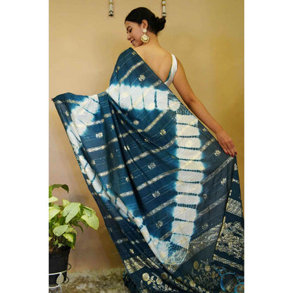 Isadora Life Womens Tie & Dye Zari Teal Pre-Draped Saree With Unstitched Blouse