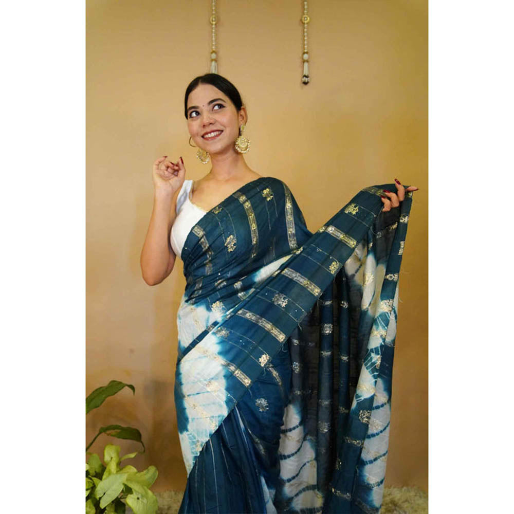 Isadora Life Womens Tie & Dye Zari Teal Pre-Draped Saree With Unstitched Blouse