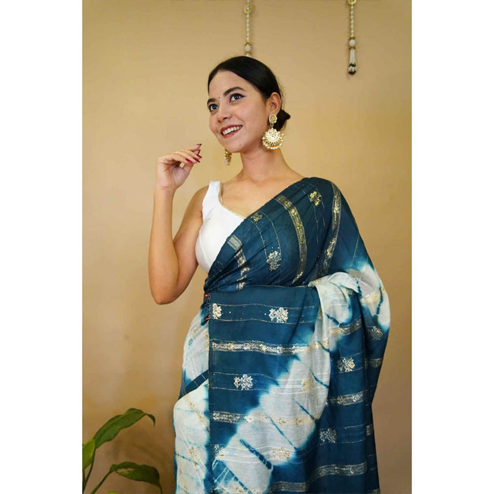 Isadora Life Womens Tie & Dye Zari Teal Pre-Draped Saree With Unstitched Blouse