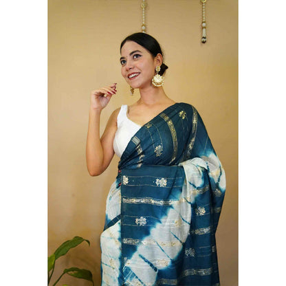 Isadora Life Womens Tie & Dye Zari Teal Pre-Draped Saree With Unstitched Blouse