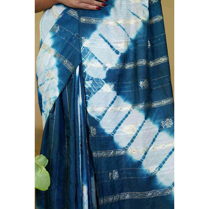 Isadora Life Womens Tie & Dye Zari Teal Pre-Draped Saree With Unstitched Blouse