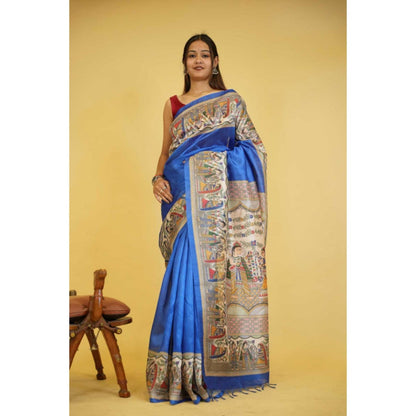 Isadora Life Womens Printed Tassels Blue Pre-Draped Saree With Unstitched Blouse