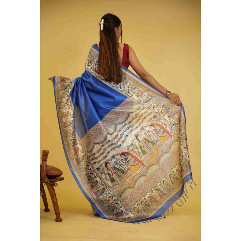 Isadora Life Womens Printed Tassels Blue Pre-Draped Saree With Unstitched Blouse
