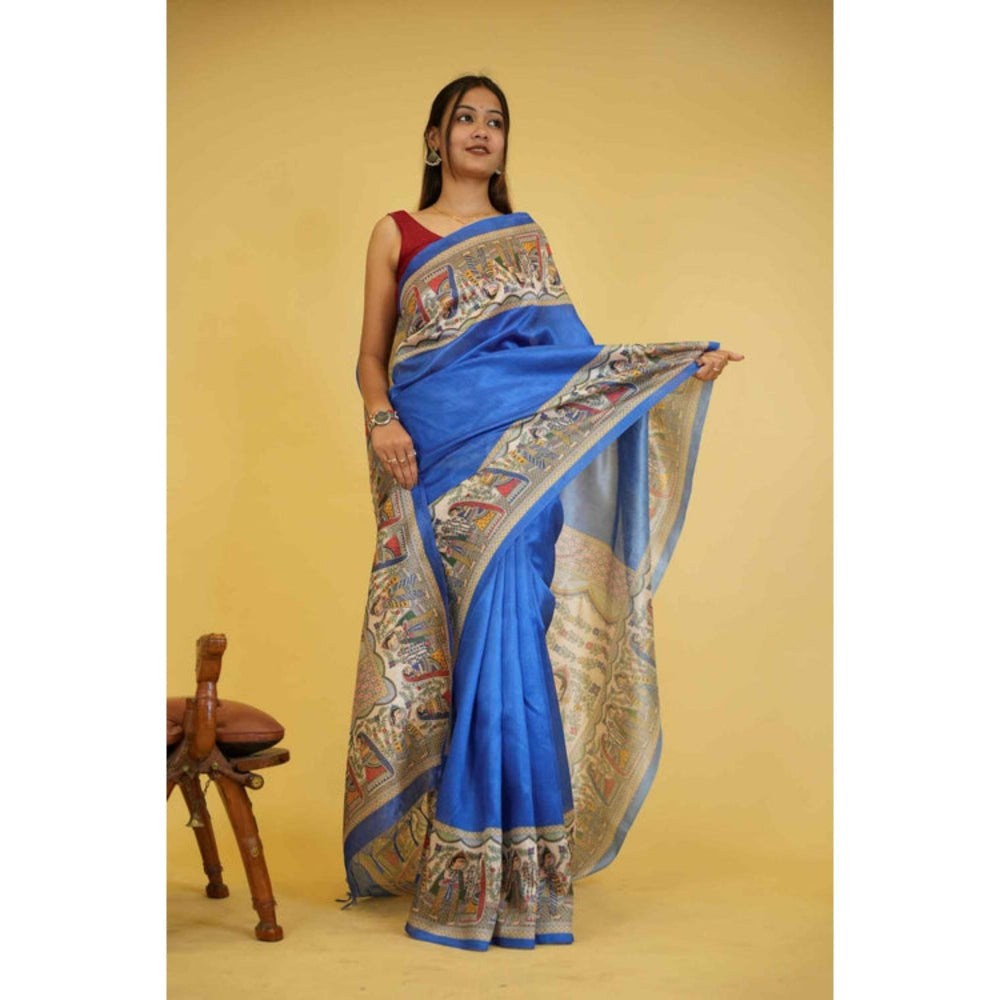 Isadora Life Womens Printed Tassels Blue Pre-Draped Saree With Unstitched Blouse