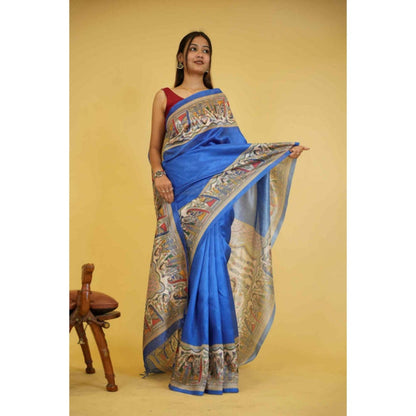 Isadora Life Womens Printed Tassels Blue Pre-Draped Saree With Unstitched Blouse