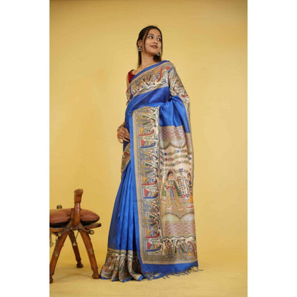 Isadora Life Womens Printed Tassels Blue Pre-Draped Saree With Unstitched Blouse