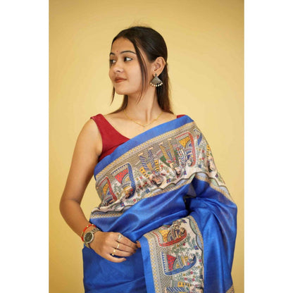 Isadora Life Womens Printed Tassels Blue Pre-Draped Saree With Unstitched Blouse