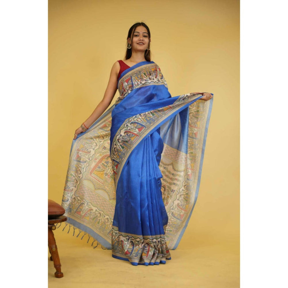 Isadora Life Womens Printed Tassels Blue Pre-Draped Saree With Unstitched Blouse