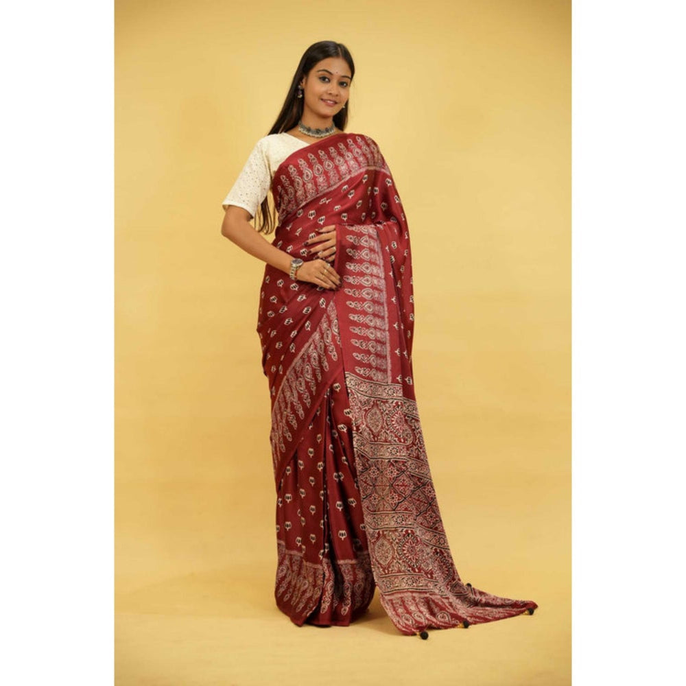 Isadora Life Womens Floral Block Print Maroon Pre-Draped Saree With Unstitched Blouse