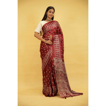 Isadora Life Womens Floral Block Print Maroon Pre-Draped Saree With Unstitched Blouse