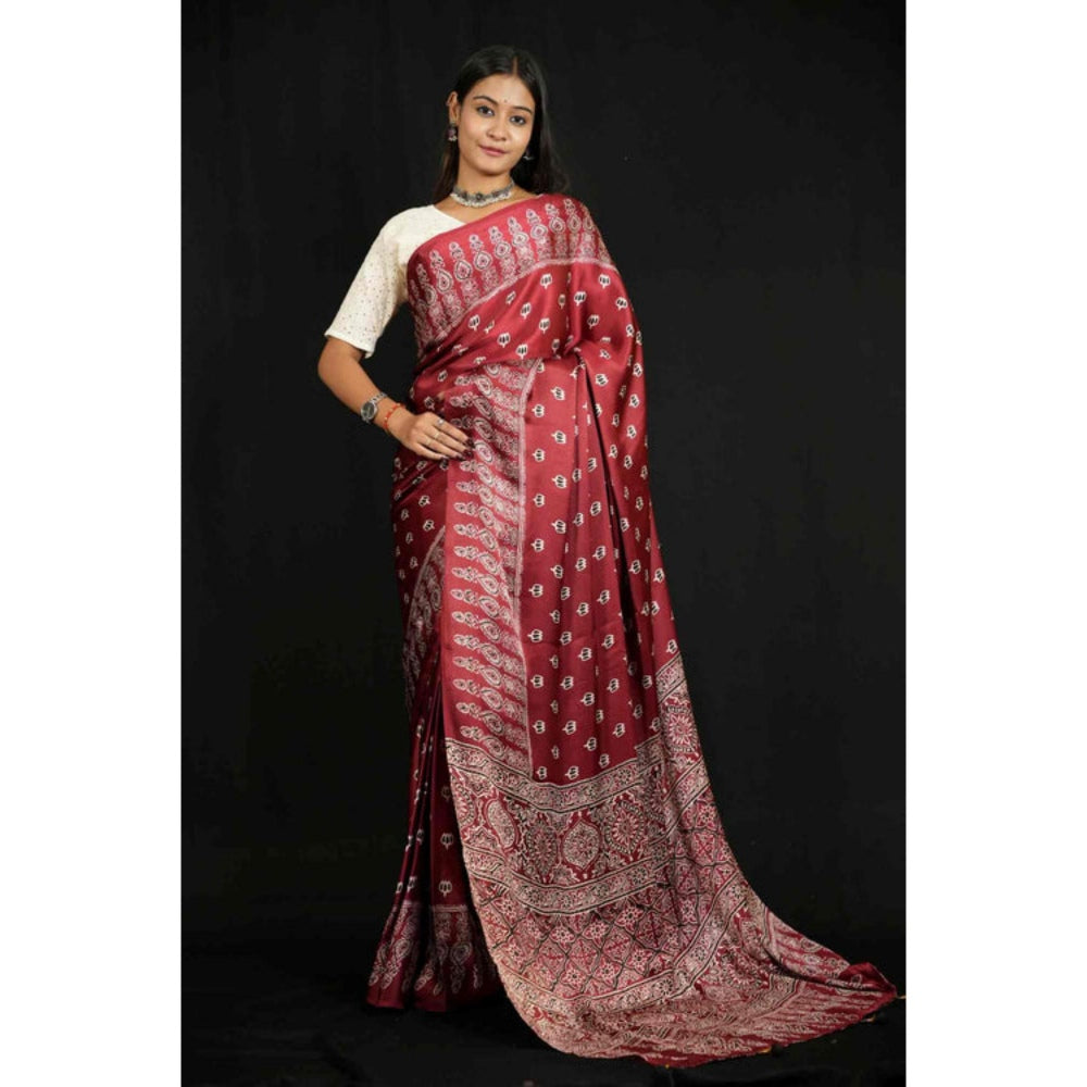 Isadora Life Womens Floral Block Print Maroon Pre-Draped Saree With Unstitched Blouse