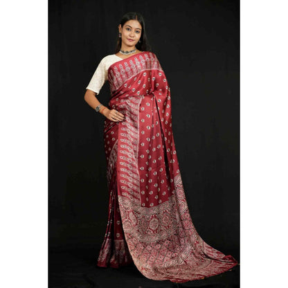 Isadora Life Womens Floral Block Print Maroon Pre-Draped Saree With Unstitched Blouse