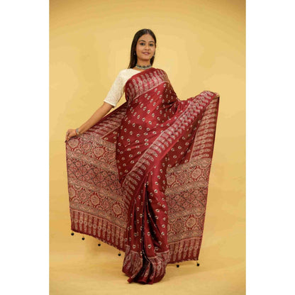 Isadora Life Womens Floral Block Print Maroon Pre-Draped Saree With Unstitched Blouse