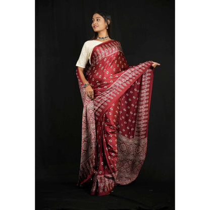 Isadora Life Womens Floral Block Print Maroon Pre-Draped Saree With Unstitched Blouse